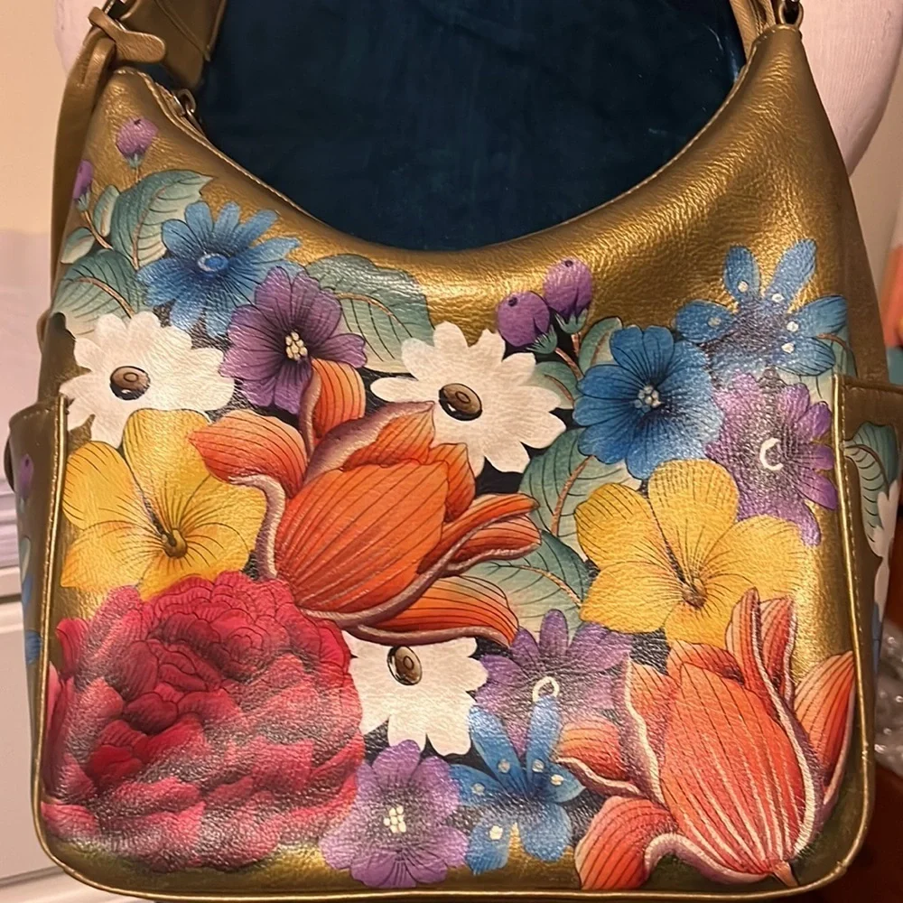 Anuschka hand painted leather golden hobo style shoulder bag
